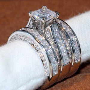 *NEW 925 Silver Diamond 3PC Wedding Ring Set